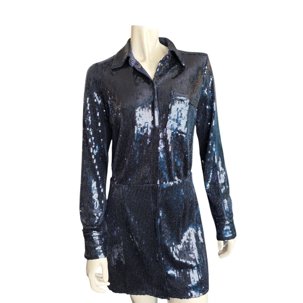 Free People Sophie Blue Sequined Mini Party Shirtdress Size S MISSING SEQUINS